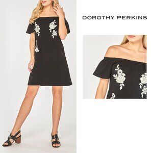 Dorothy Perkins Black Floral Embroidered Off Shoulder Bardot A-Line Dress 8
